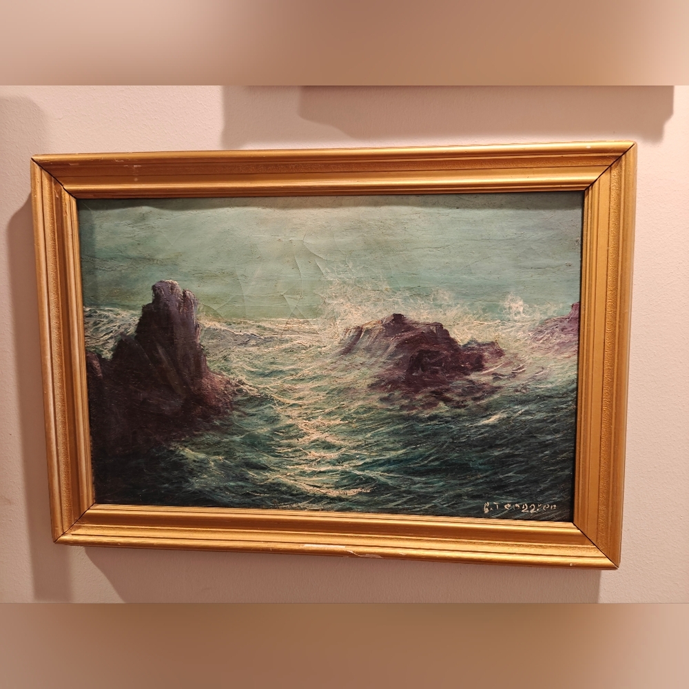 Painting Seascape Framed Signed G ( Gustaf ?) TENGGREN Vintage Surf California